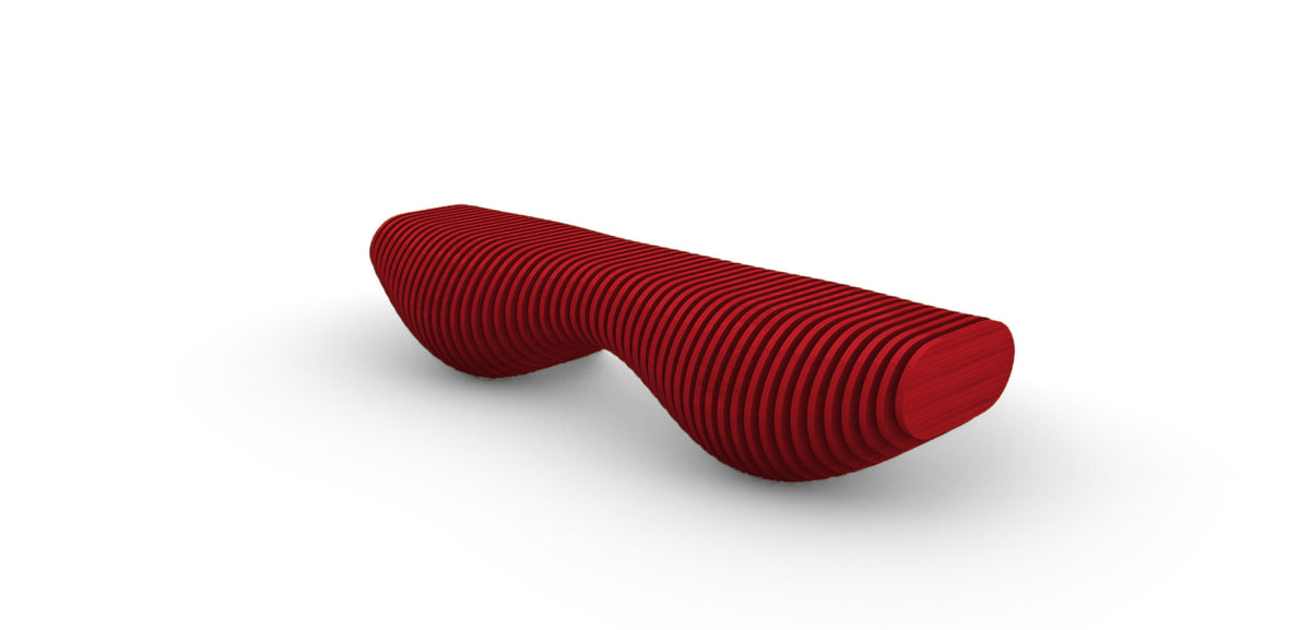 Parametric Bench in red - sculptural wood bench, CNC-cut in Mississauga, delivered across the GTA