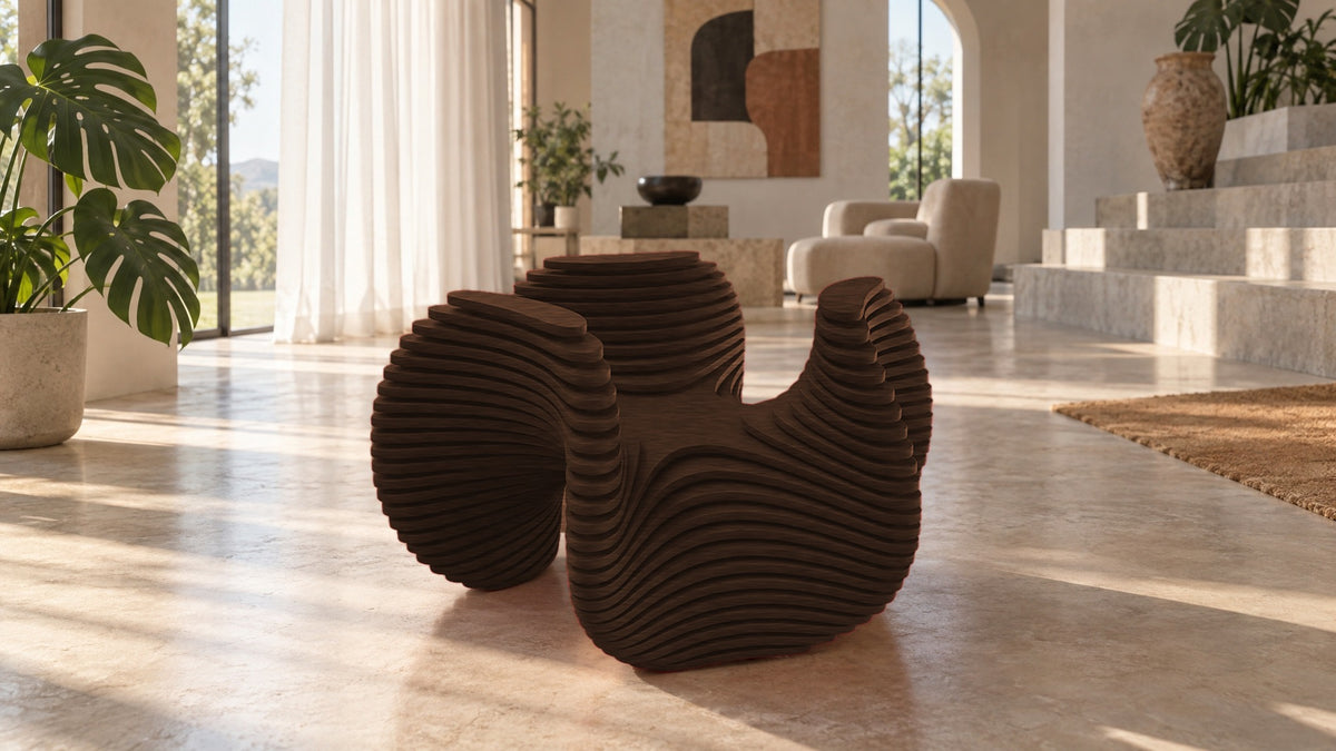 Parametric Bloom Table in dark brown, layered four-lobed low accent table