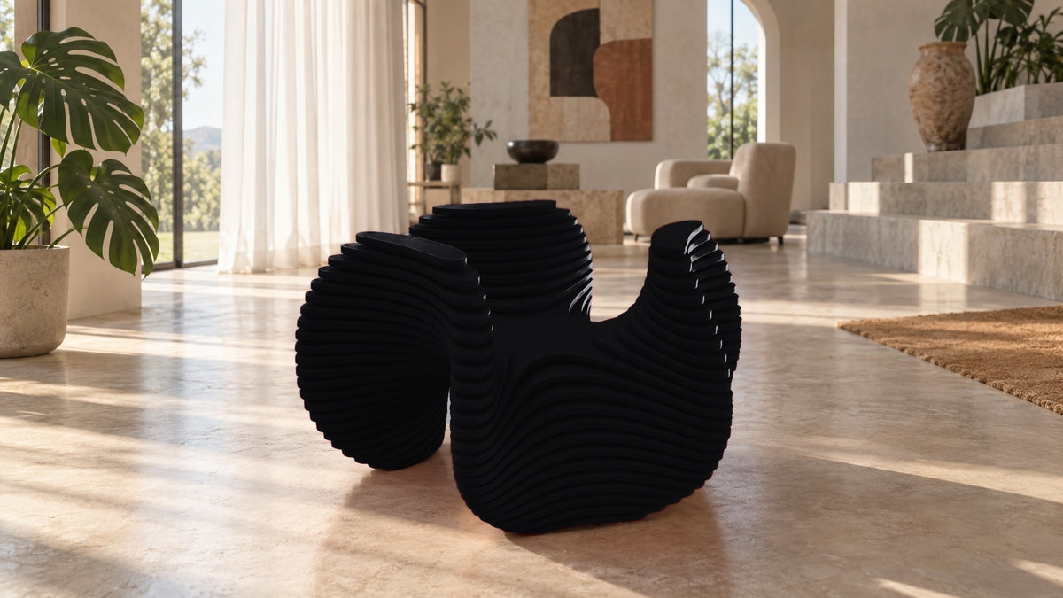 Parametric Bloom Table in gloss black, layered four-lobed low accent table