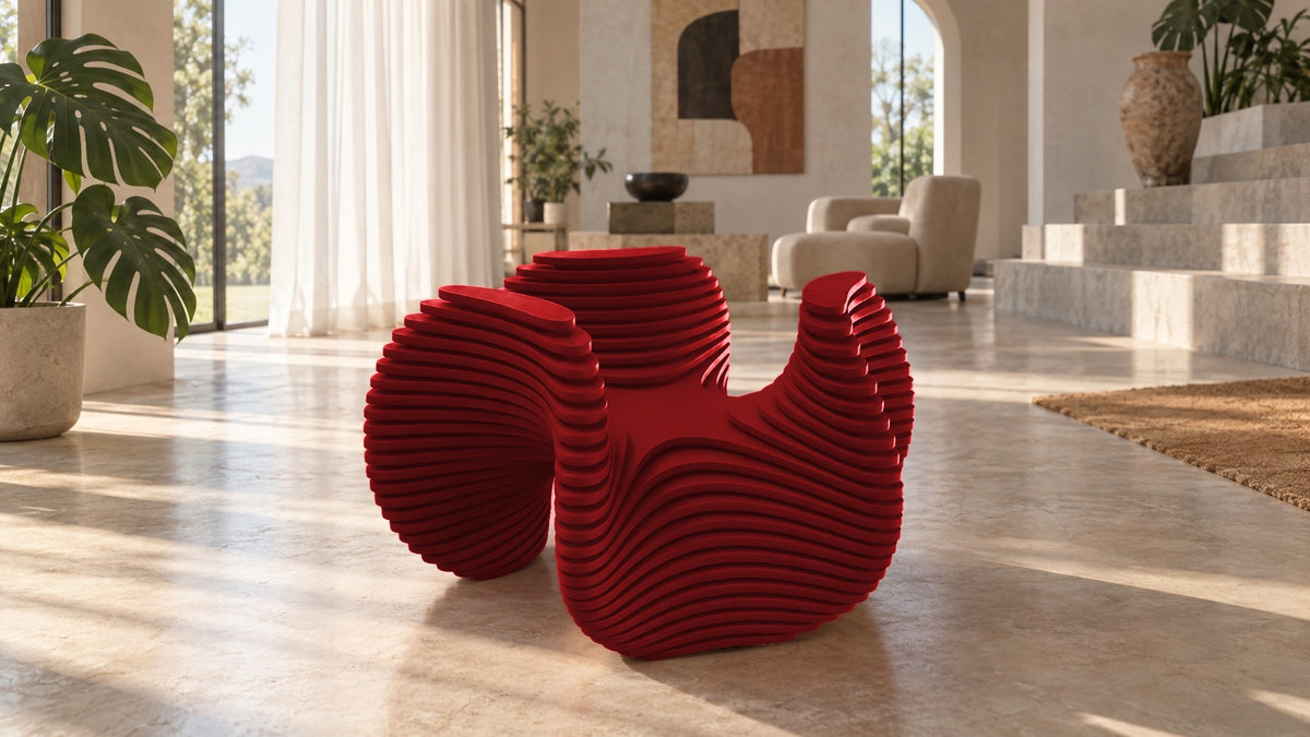 Parametric Bloom Table in gloss red, layered four-lobed low accent table