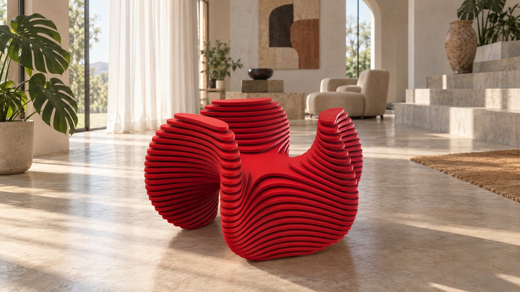 Parametric Bloom Table, red layered sculptural accent table in a sunlit travertine living room