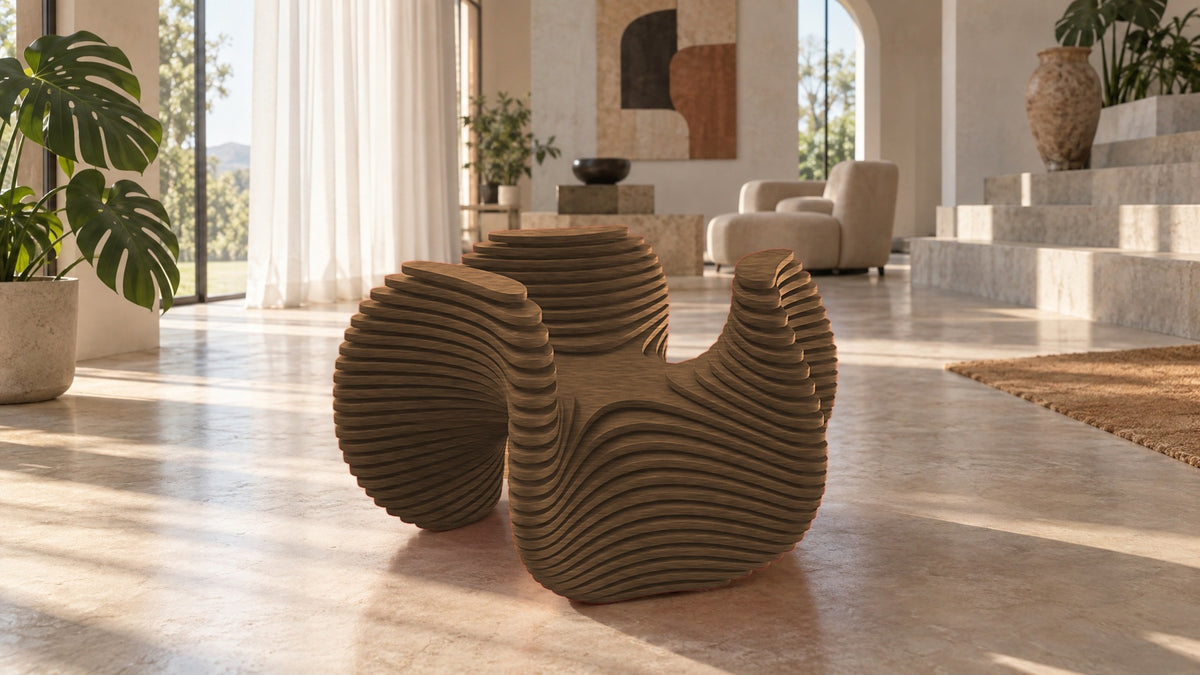 Parametric Bloom Table in light brown, layered four-lobed low accent table