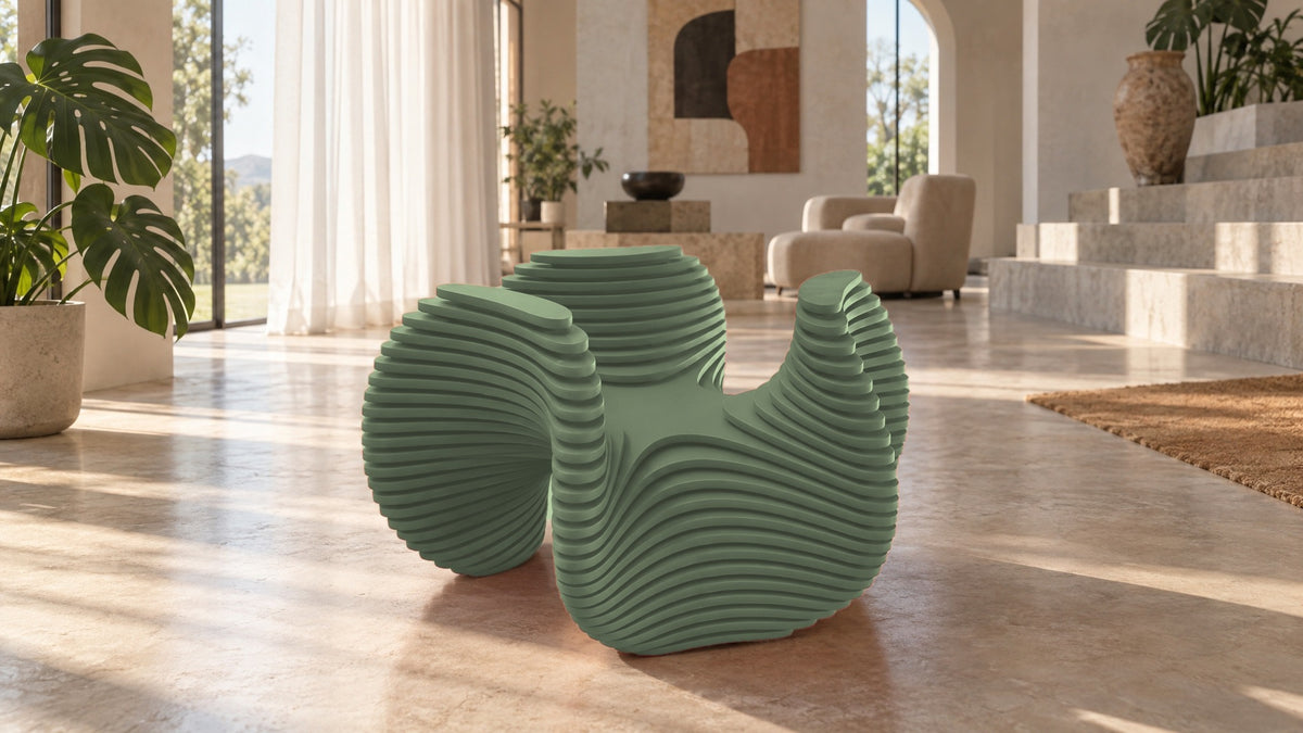 Parametric Bloom Table in sage green, layered four-lobed low accent table