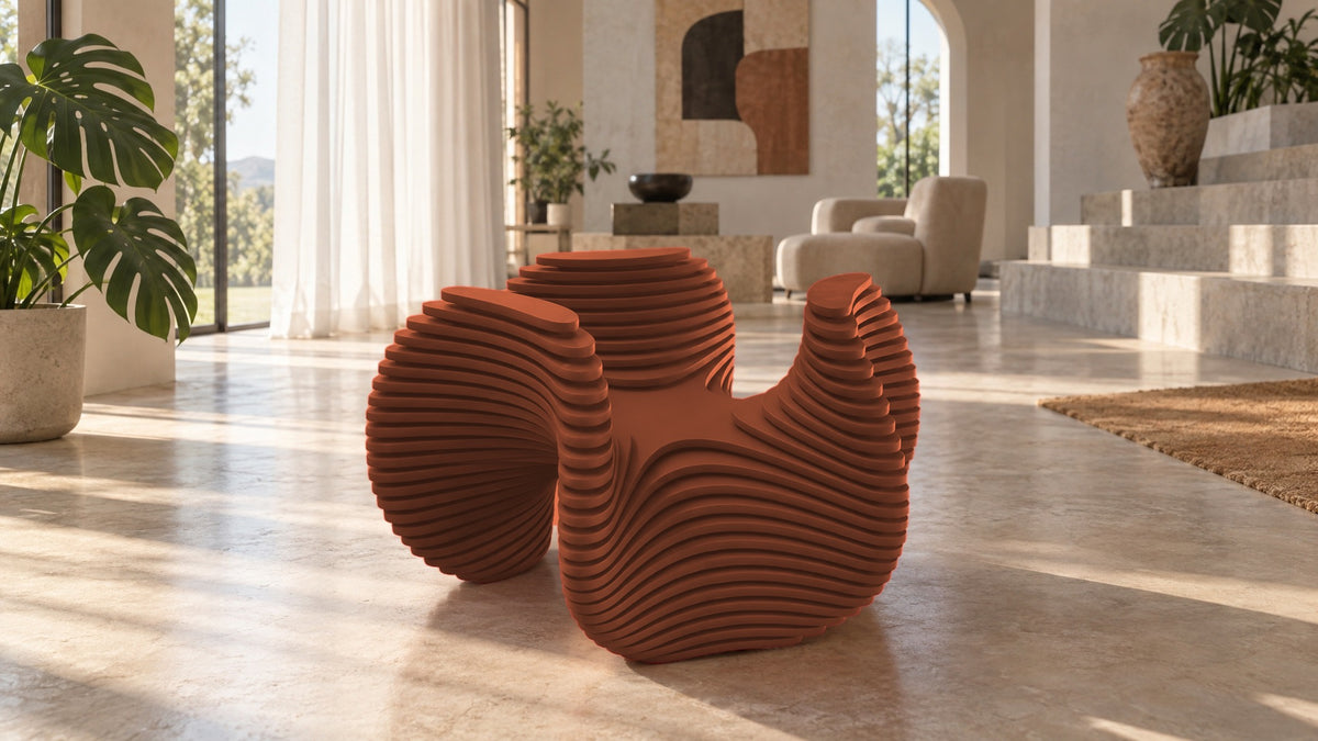 Parametric Bloom Table in terracotta, layered four-lobed low accent table