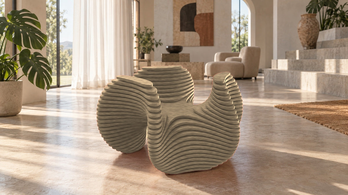 Parametric Bloom Table in unpainted MDF, layered four-lobed low accent table