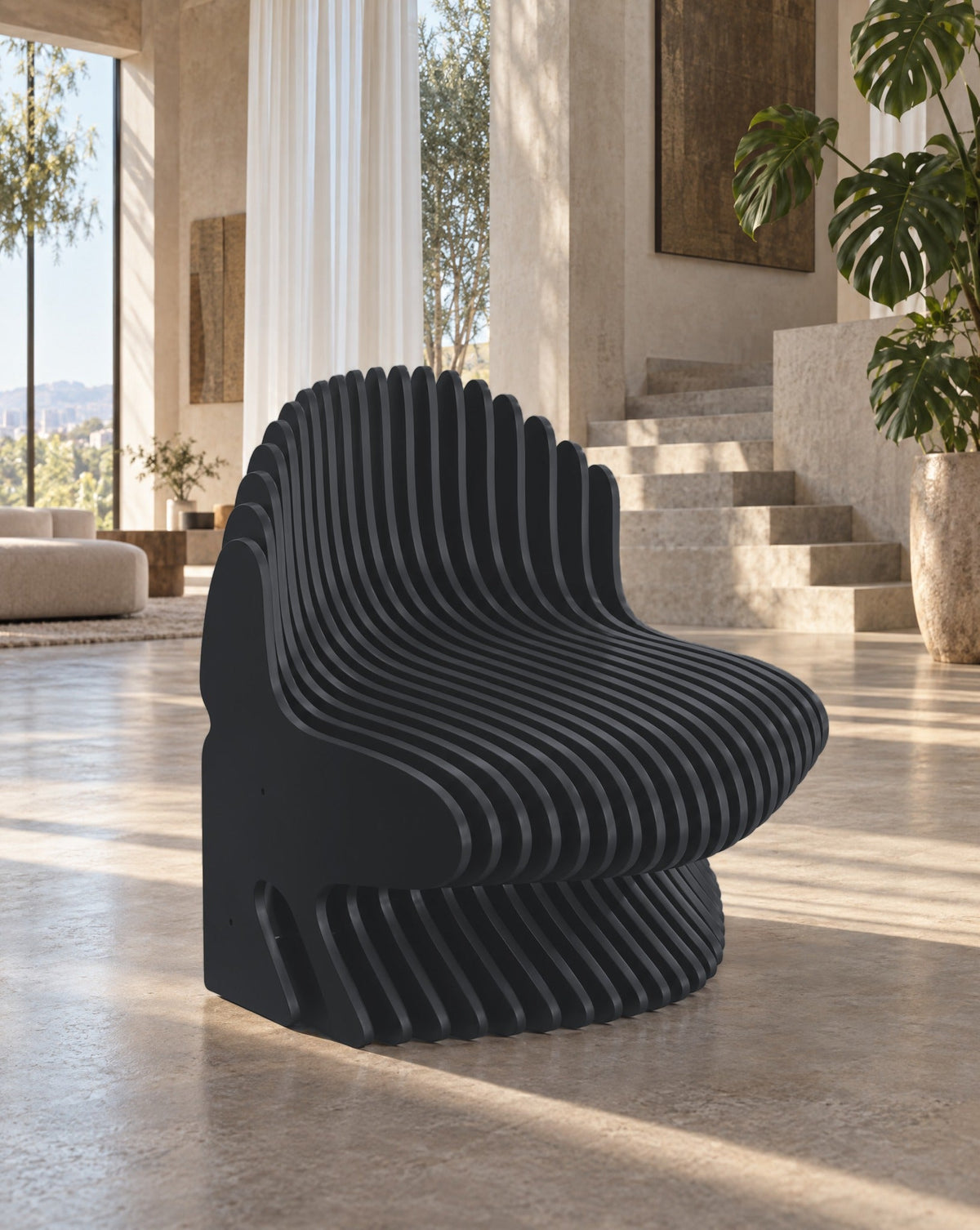 Parametric Chair in charcoal grey - sculptural slat armchair, made to order in Mississauga, serving Toronto and the GTA