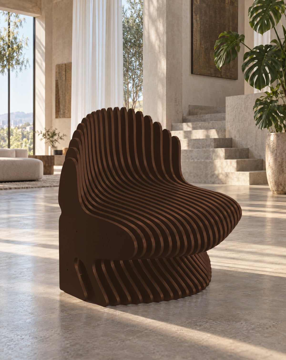 Parametric Chair in dark brown - sculptural slat armchair, CNC-cut in Mississauga, delivered across the GTA