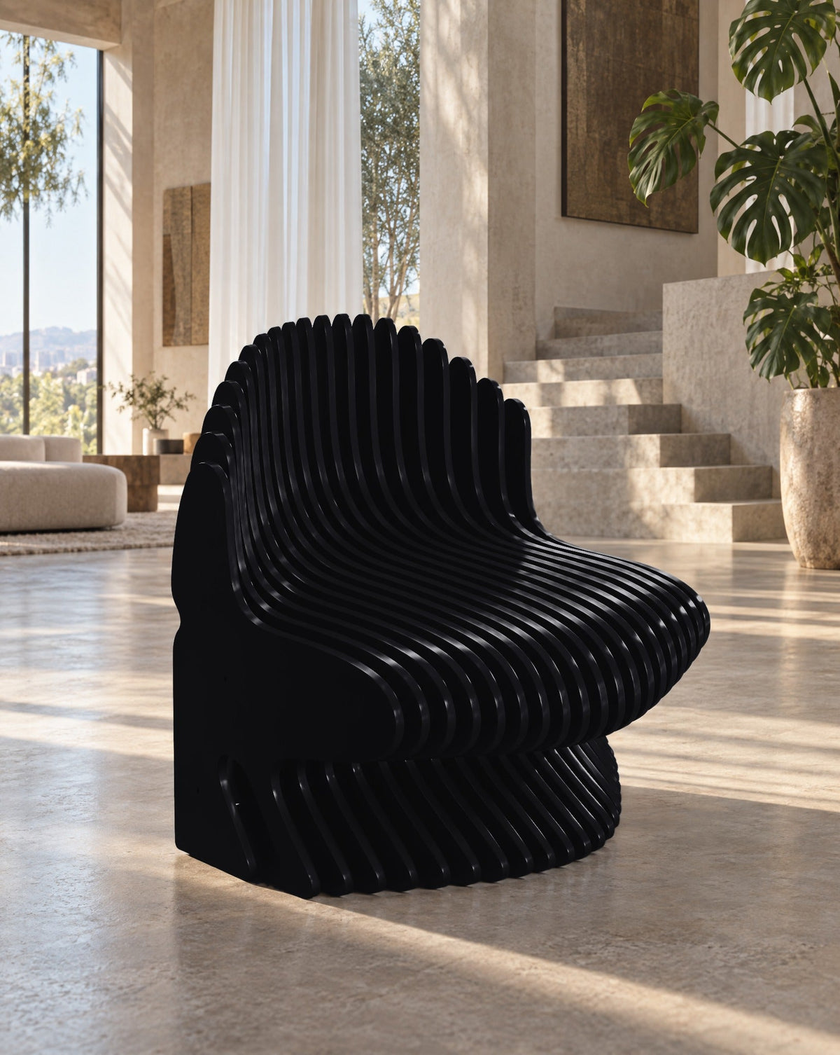 Parametric Chair in gloss black - sculptural slat armchair, made to order in Mississauga