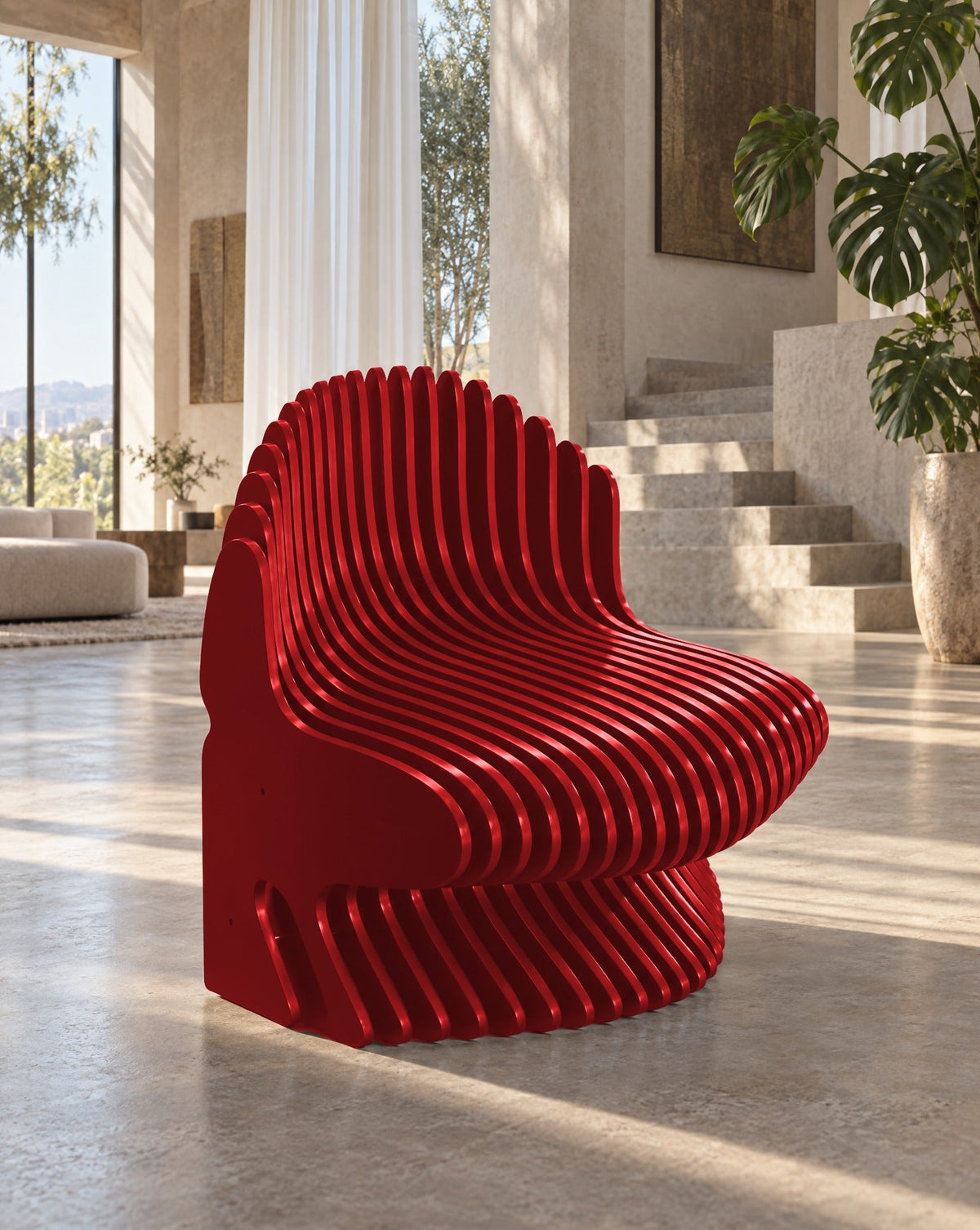 Parametric Chair in gloss red - sculptural slat armchair, made to order in Mississauga, serving Toronto and the GTA