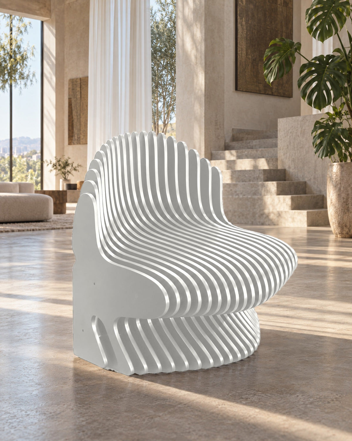 Parametric Chair in gloss white - sculptural slat armchair, CNC-cut in Mississauga, delivered across the GTA
