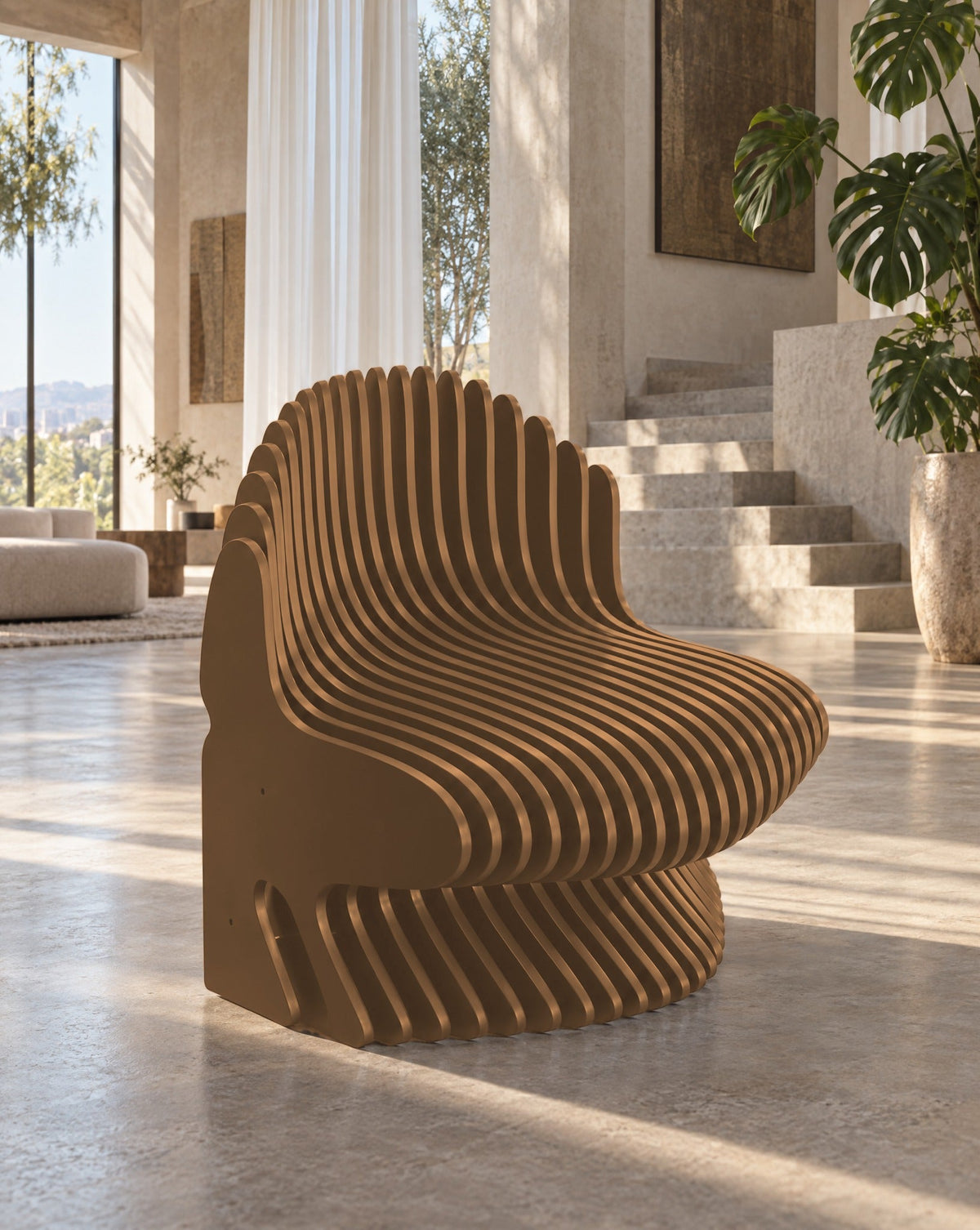 Parametric Chair in light brown - sculptural slat armchair, made to order in Mississauga