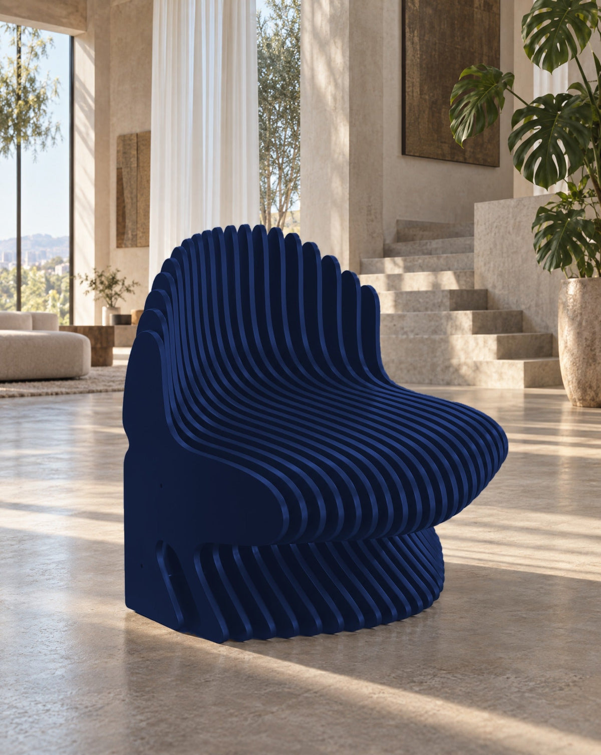 Parametric Chair in navy blue - sculptural slat armchair, made to order in Mississauga