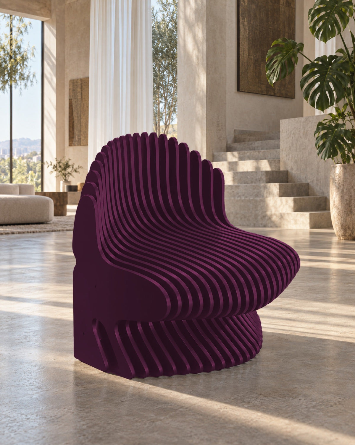 Parametric Chair in plum - sculptural slat armchair, made to order in Mississauga, serving Toronto and the GTA
