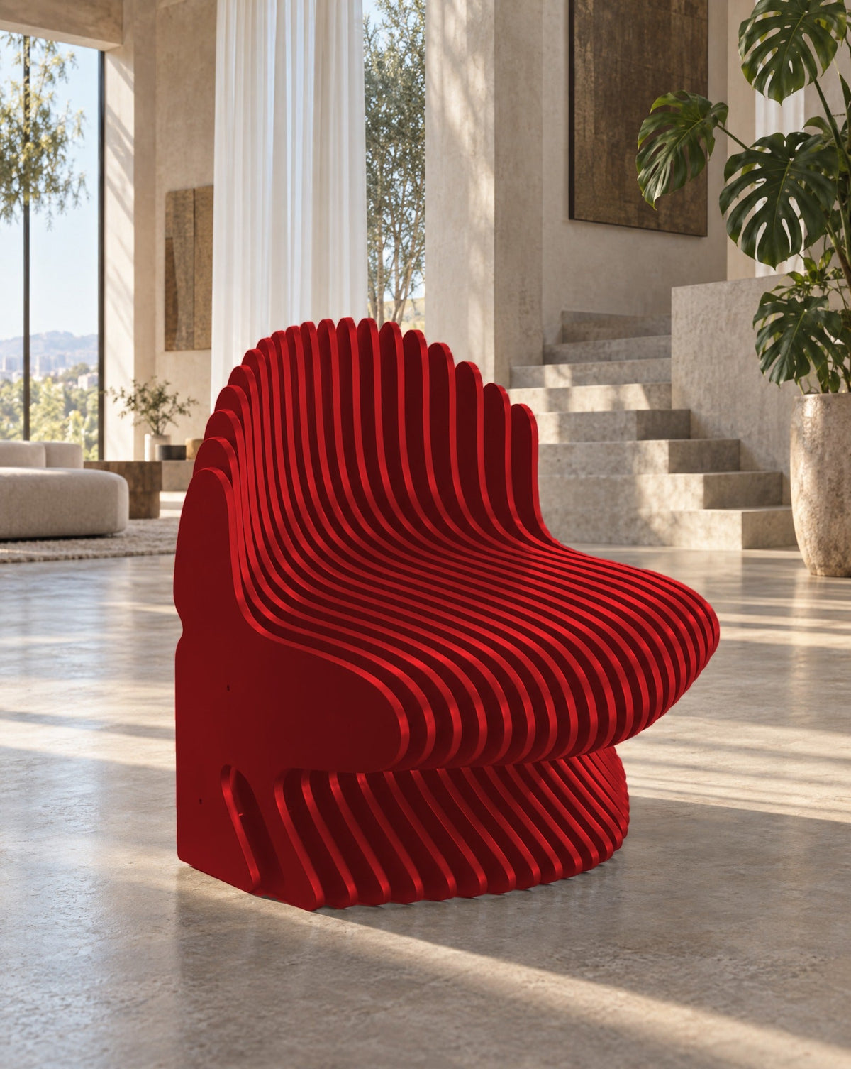 Parametric Chair in red - sculptural slat armchair, made to order in Mississauga, serving Toronto and the GTA