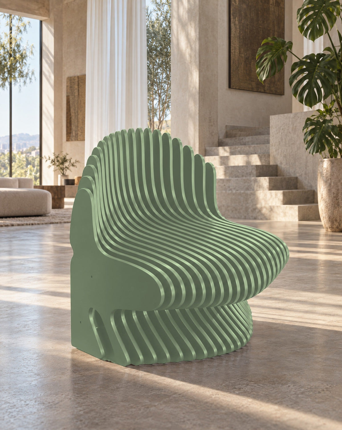 Parametric Chair in sage green - sculptural slat armchair, CNC-cut in Mississauga, delivered across the GTA