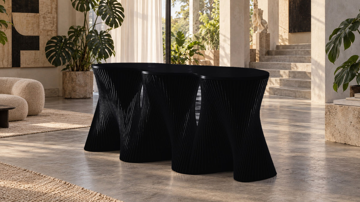 Parametric Clownfish Desk in gloss black, CNC-cut MDF made to order in Mississauga for the GTA