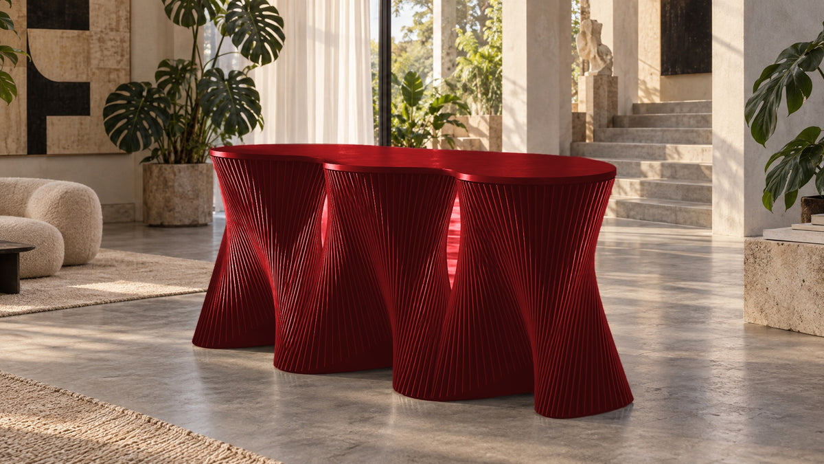 Parametric Clownfish Desk in gloss red, CNC-cut MDF made to order in Mississauga for the GTA