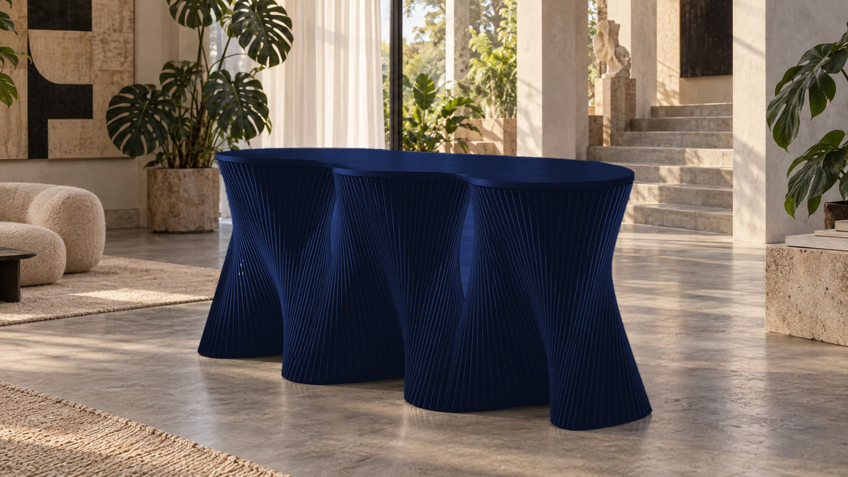 Parametric Clownfish Desk in navy blue, CNC-cut MDF made to order in Mississauga for the GTA