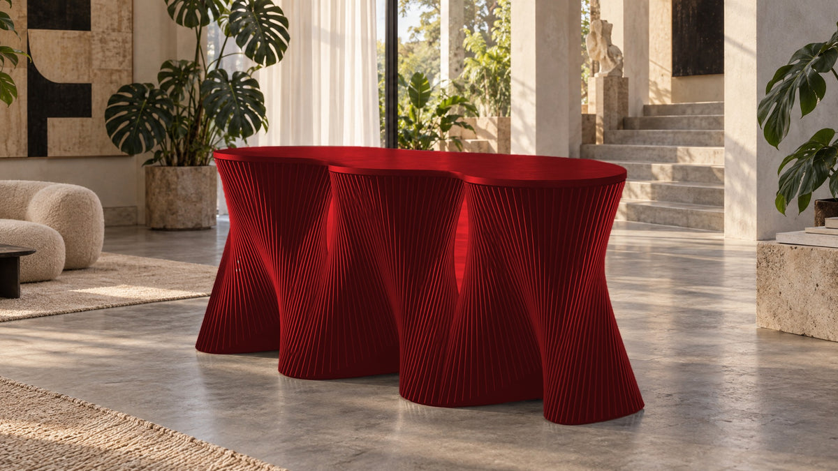 Parametric Clownfish Desk in red, CNC-cut MDF made to order in Mississauga for the GTA