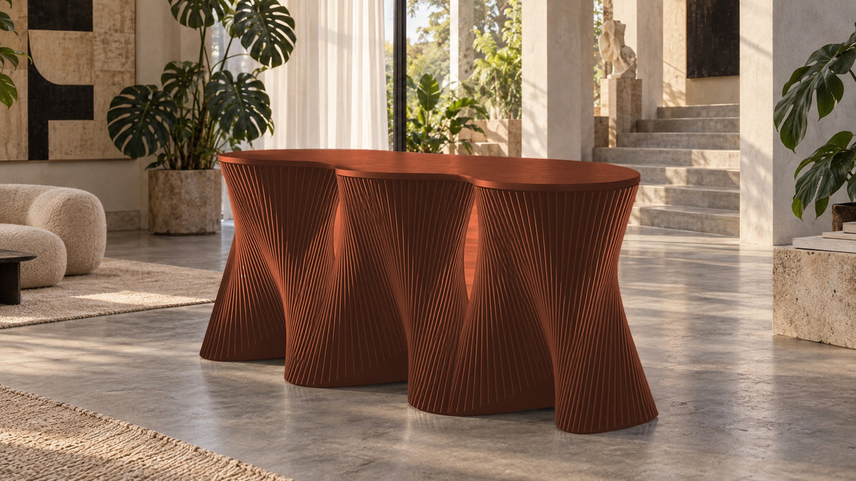 Parametric Clownfish Desk in terracotta, CNC-cut MDF made to order in Mississauga for the GTA