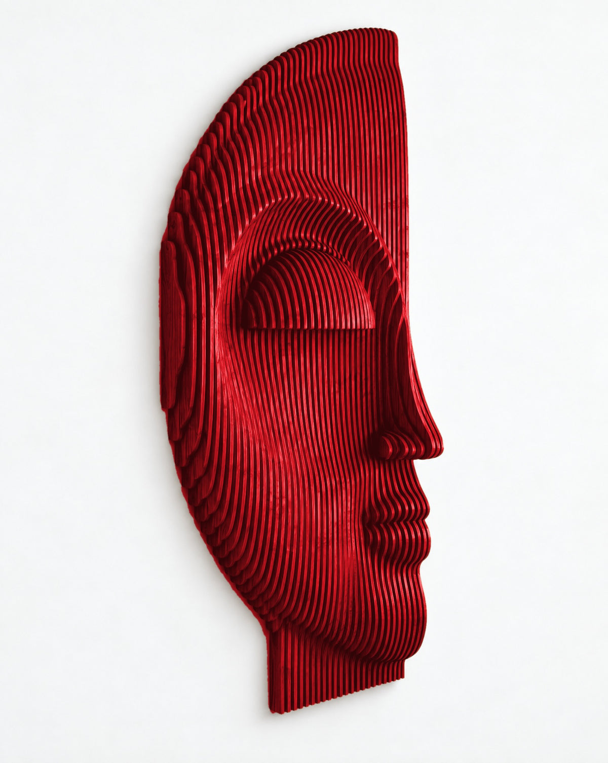 Parametric Half-Face sculpture in gloss red - parametric wall sculpture, CNC-cut in Mississauga for the GTA