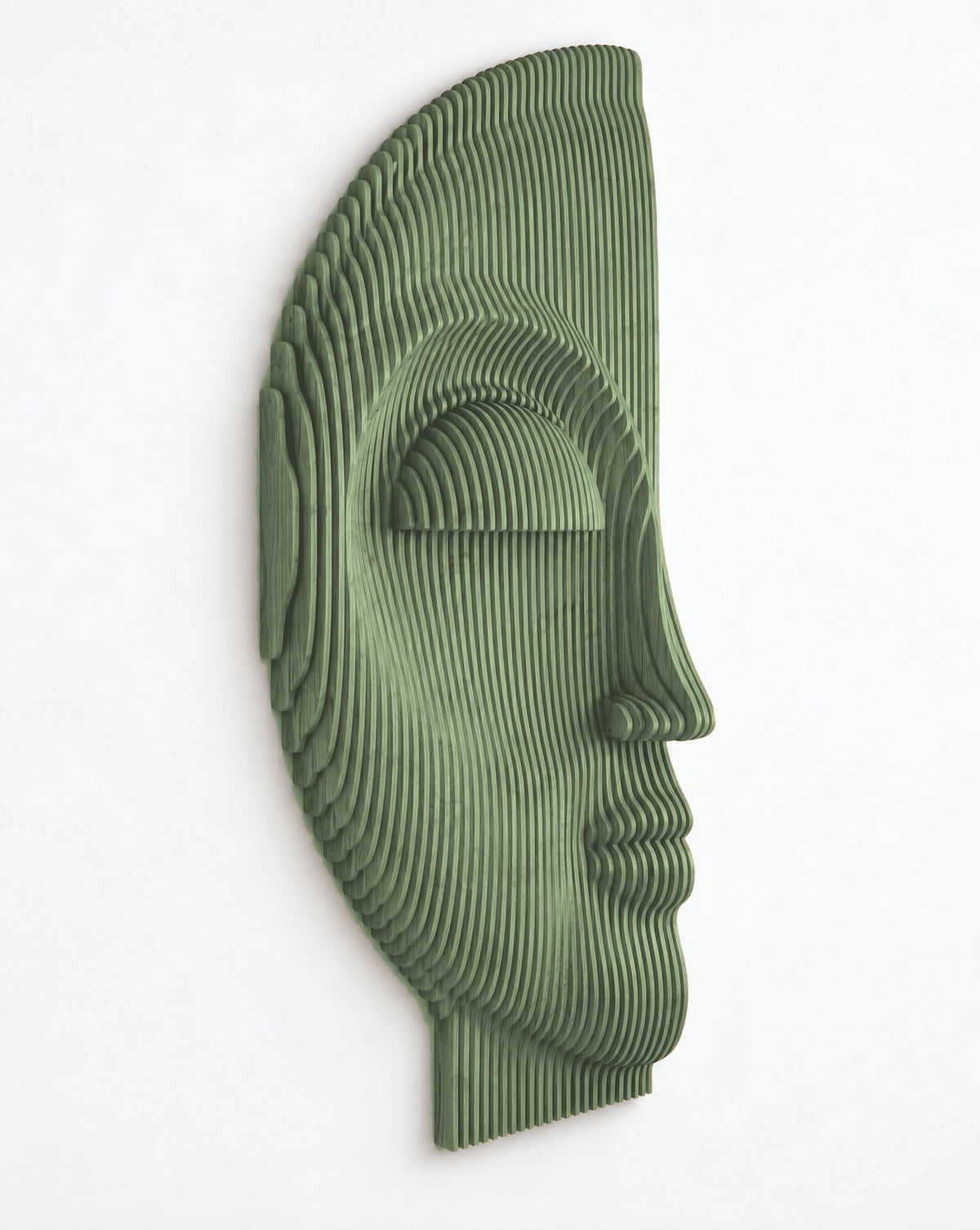 Parametric Half-Face sculpture in sage green - parametric wall sculpture, made in Mississauga, serving Toronto and the GTA