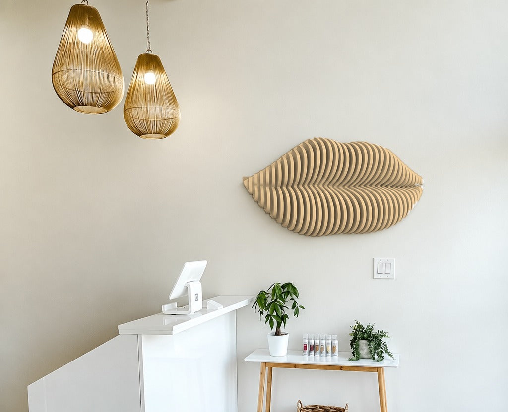 Parametric Lips wall art in Baltic birch plywood - parametric wall sculpture, CNC-cut in Mississauga, delivered across the GTA