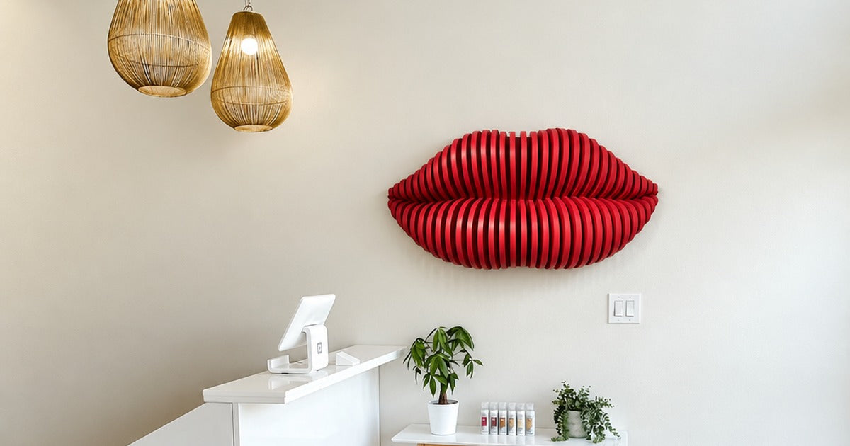 Parametric Lips wall art in red in a reception area