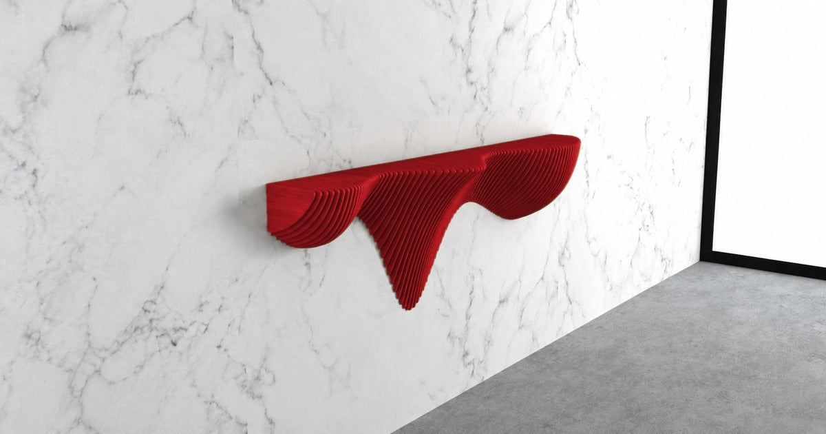 Parametric Wall Shelf in red mounted on a marble wall