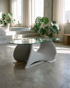 Parametric Coffee Table in a styled living room - sculptural glass-top wood coffee table, made to order in Mississauga, serving Toronto and the GTA