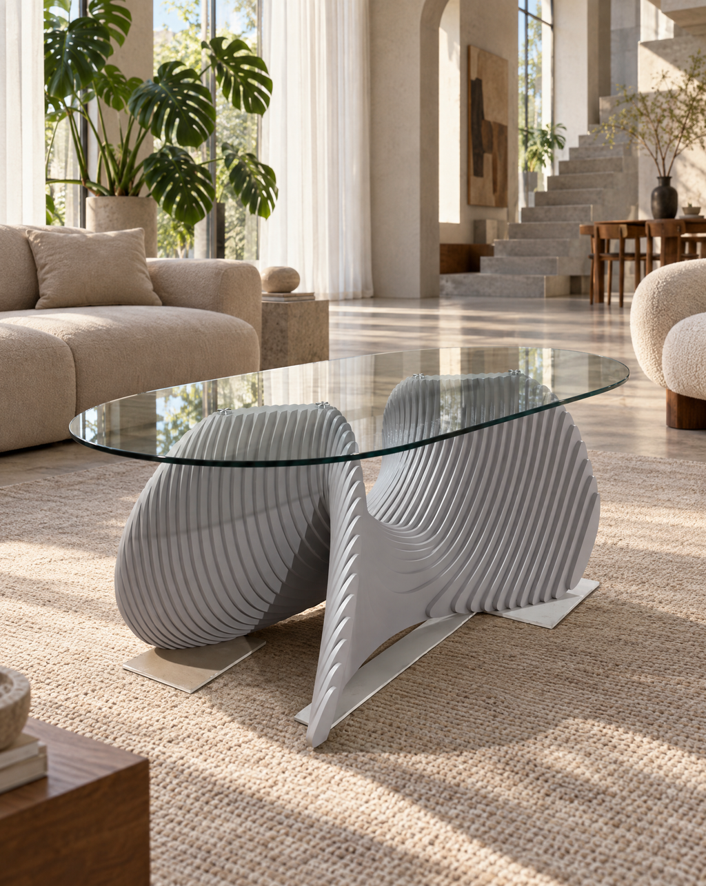 Parametric Coffee Table with glass top - sculptural CNC-cut wood coffee table, made to order in Mississauga, delivered across the GTA
