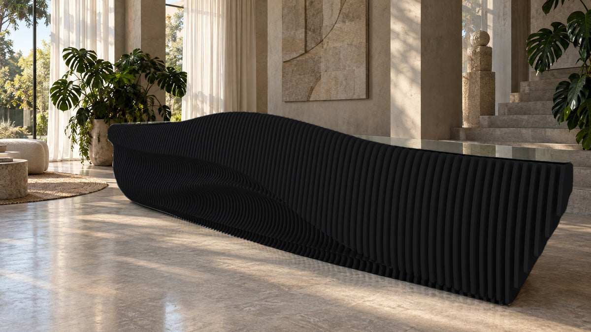 Parametric Reception Desk in black - sculptural wave-front reception desk, CNC-cut in Mississauga, delivered across the GTA