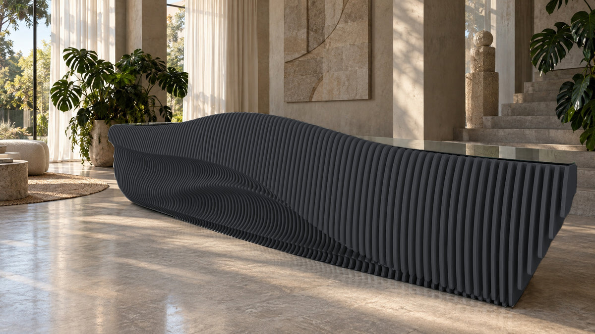 Parametric Reception Desk in charcoal grey - sculptural wave-front reception desk, made to order in Mississauga, serving Toronto and the GTA