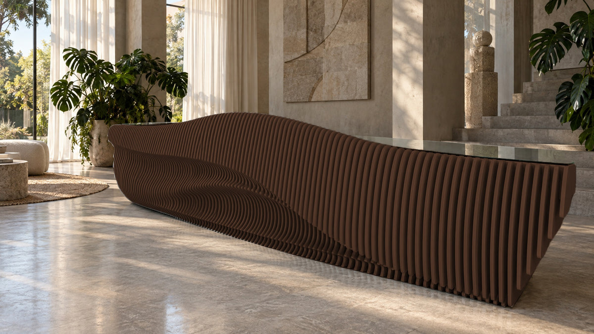 Parametric Reception Desk in dark brown - sculptural wave-front reception desk, CNC-cut in Mississauga, delivered across the GTA
