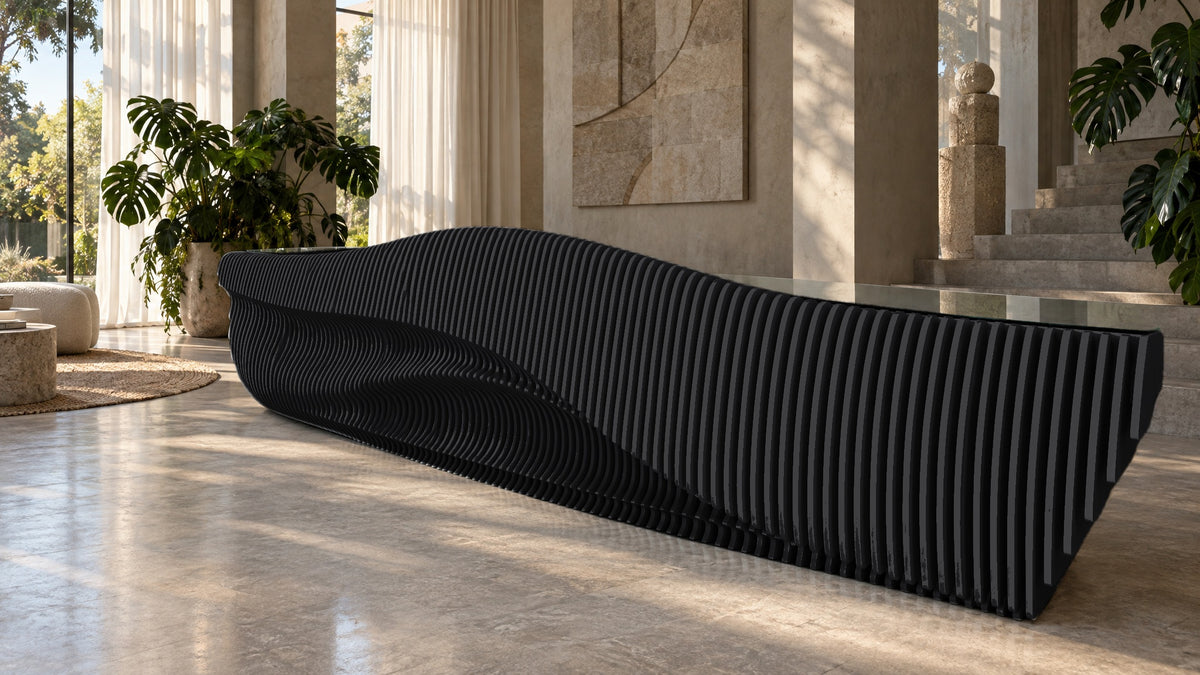Parametric Reception Desk in gloss black - sculptural wave-front reception desk, made to order in Mississauga