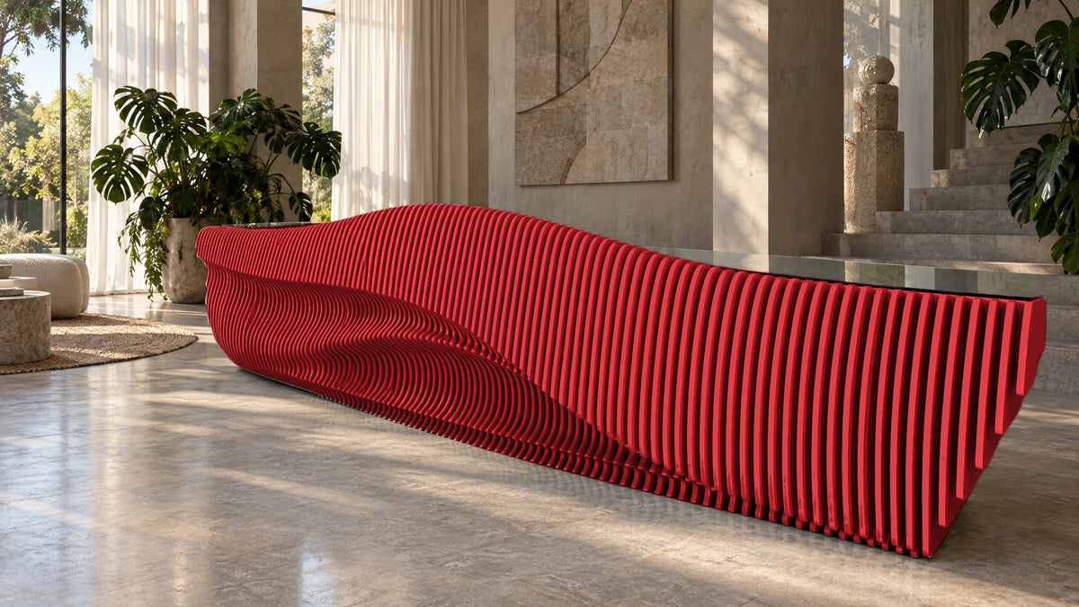 Parametric Reception Desk in gloss red - sculptural wave-front reception desk, made to order in Mississauga, serving Toronto and the GTA