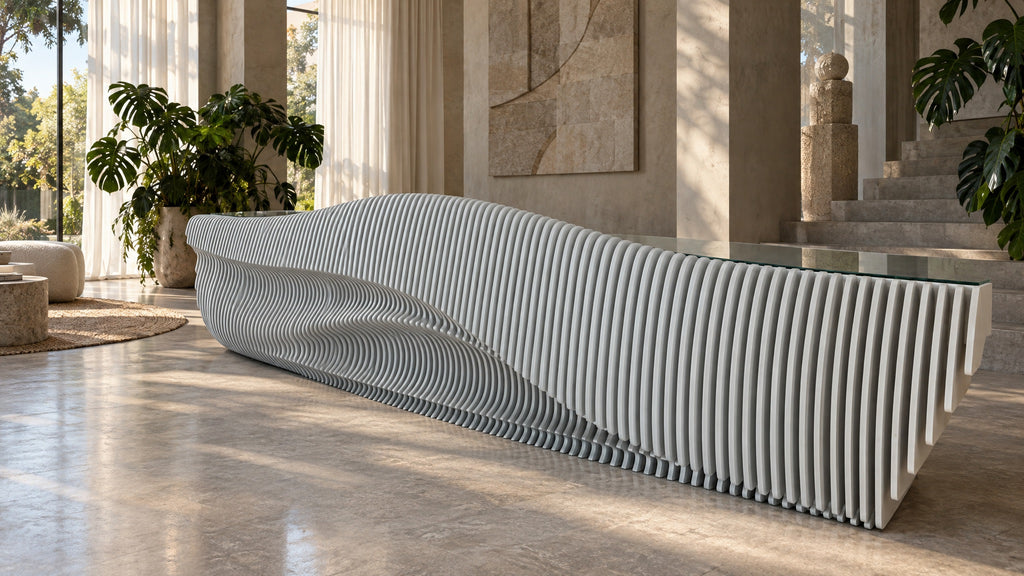 Parametric Reception Desk - sculptural wave-front CNC-cut reception desk with glass top, made to order in Mississauga, delivered across the GTA