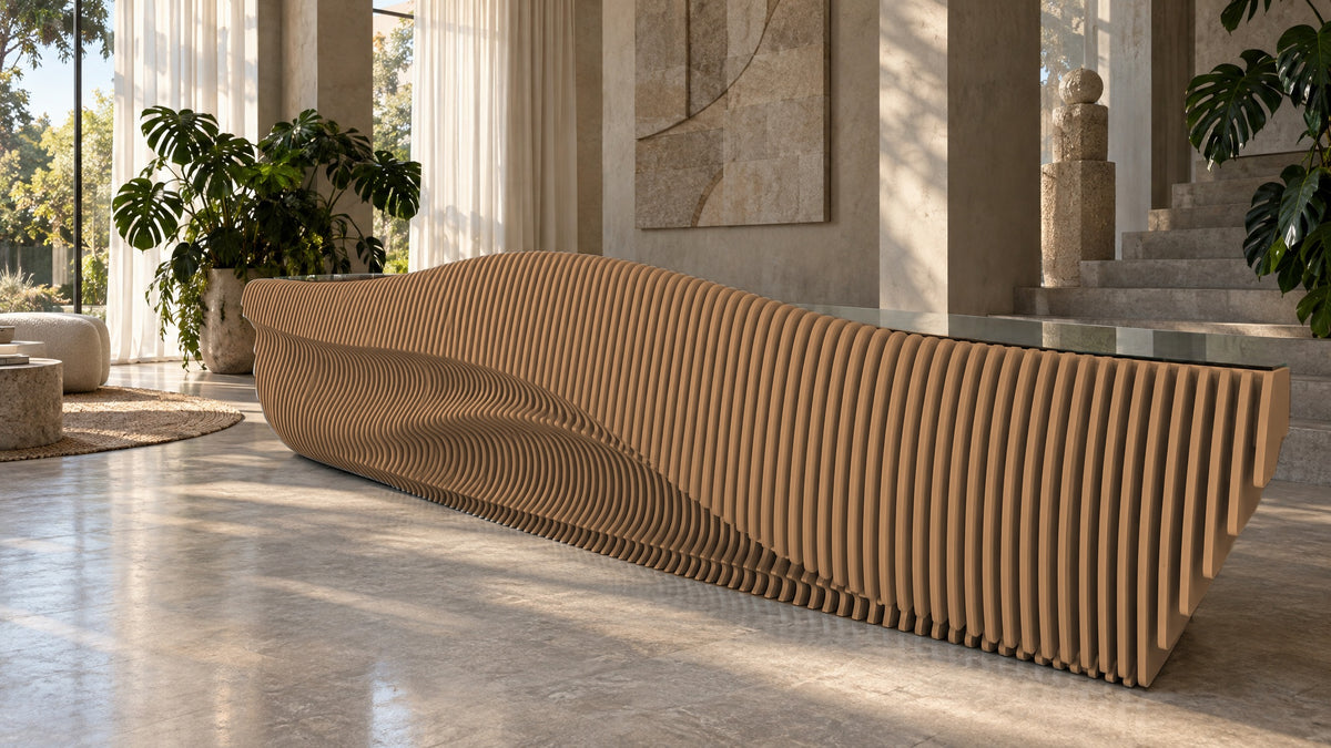 Parametric Reception Desk in light brown - sculptural wave-front reception desk, made to order in Mississauga