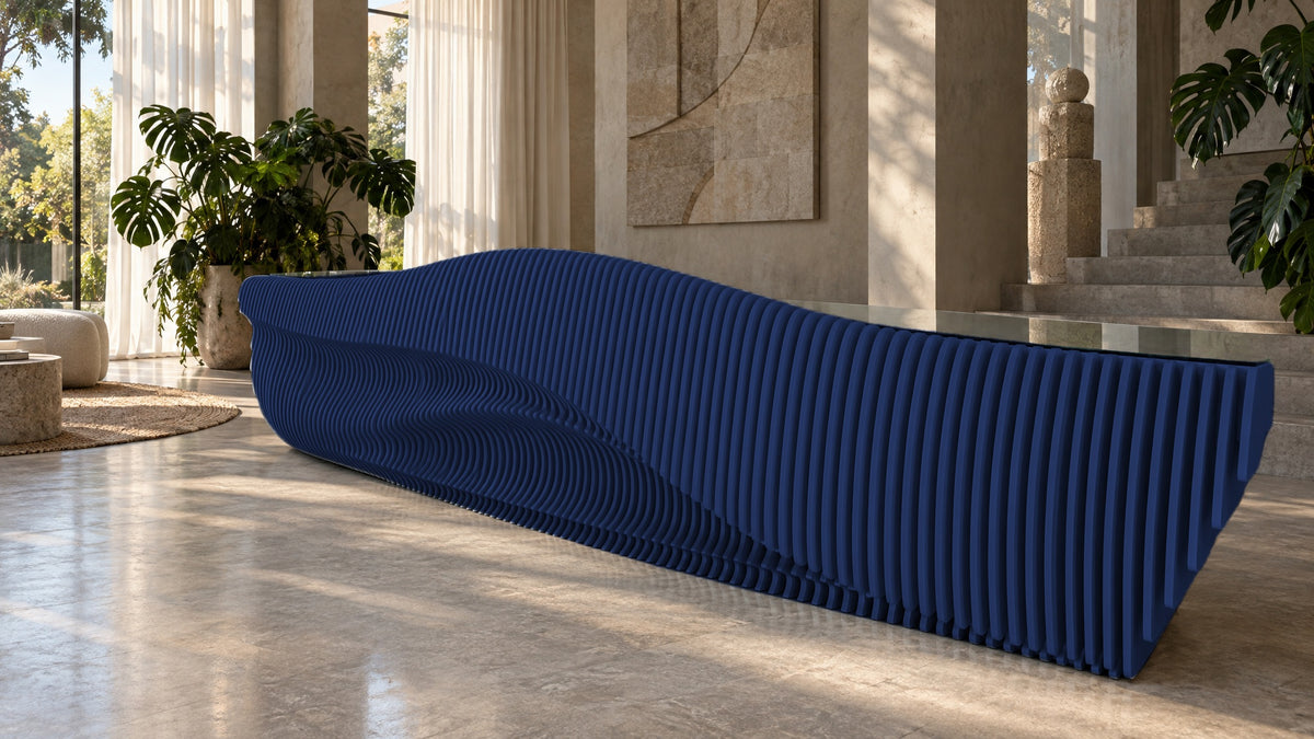 Parametric Reception Desk in navy blue - sculptural wave-front reception desk, made to order in Mississauga