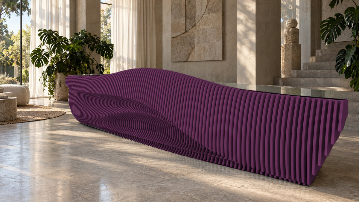 Parametric Reception Desk in plum - sculptural wave-front reception desk, made to order in Mississauga, serving Toronto and the GTA