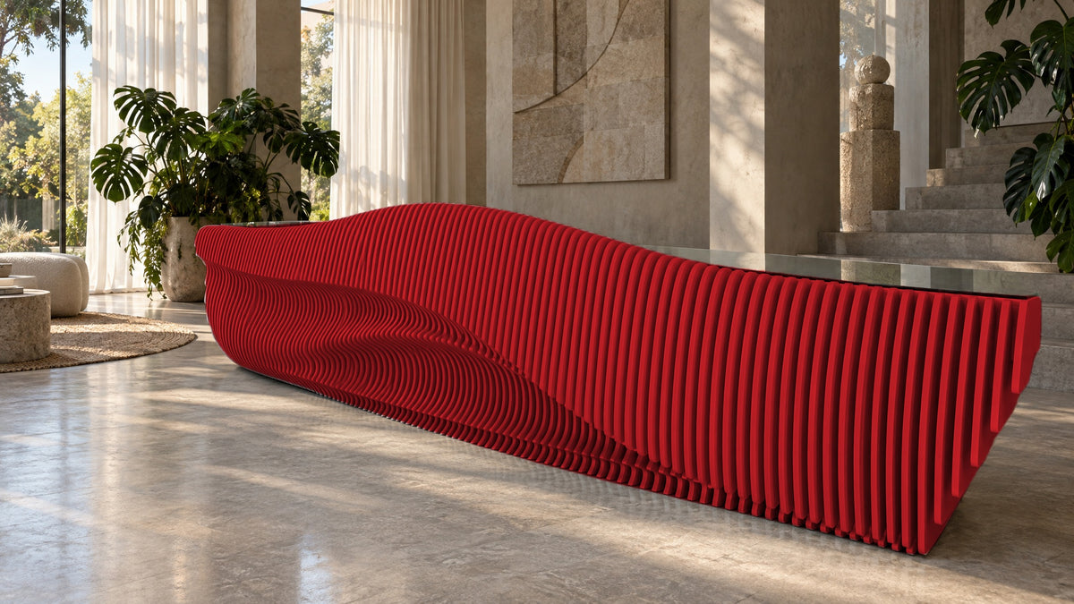 Parametric Reception Desk in red - sculptural wave-front reception desk, made to order in Mississauga, serving Toronto and the GTA