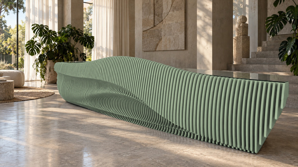 Parametric Reception Desk in sage green - sculptural wave-front reception desk, CNC-cut in Mississauga, delivered across the GTA