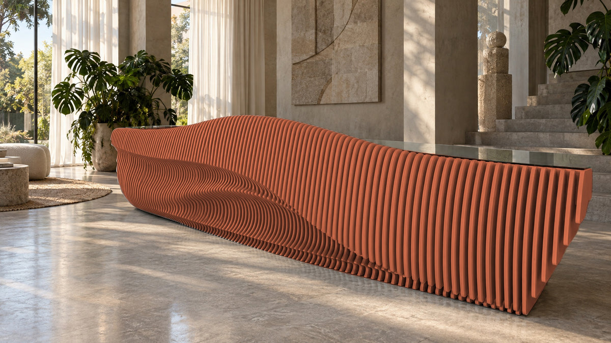 Parametric Reception Desk in terracotta - sculptural wave-front reception desk, made to order in Mississauga
