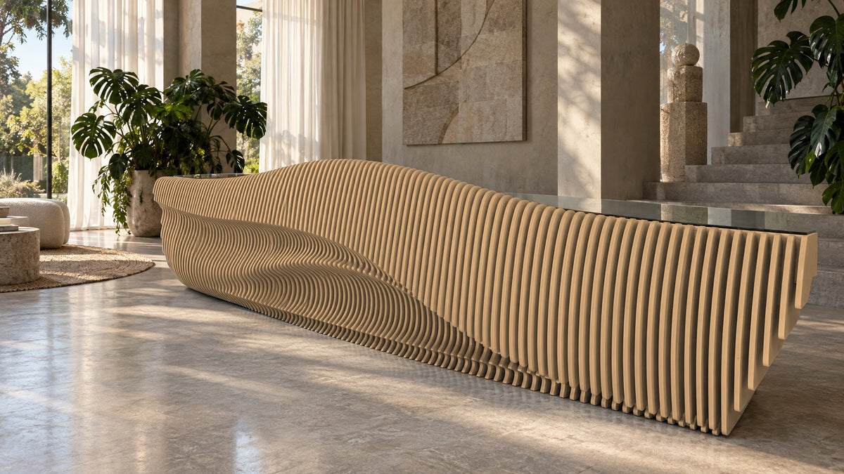 Parametric Reception Desk in unpainted MDF - sculptural wave-front reception desk, CNC-cut in Mississauga, delivered across the GTA