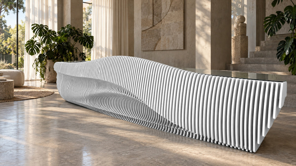Parametric Reception Desk in white - sculptural wave-front reception desk, made to order in Mississauga, serving Toronto and the GTA