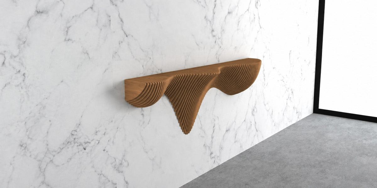 Parametric Wall Shelf in light brown - sculptural floating wall shelf, CNC-cut in Mississauga, delivered across the GTA