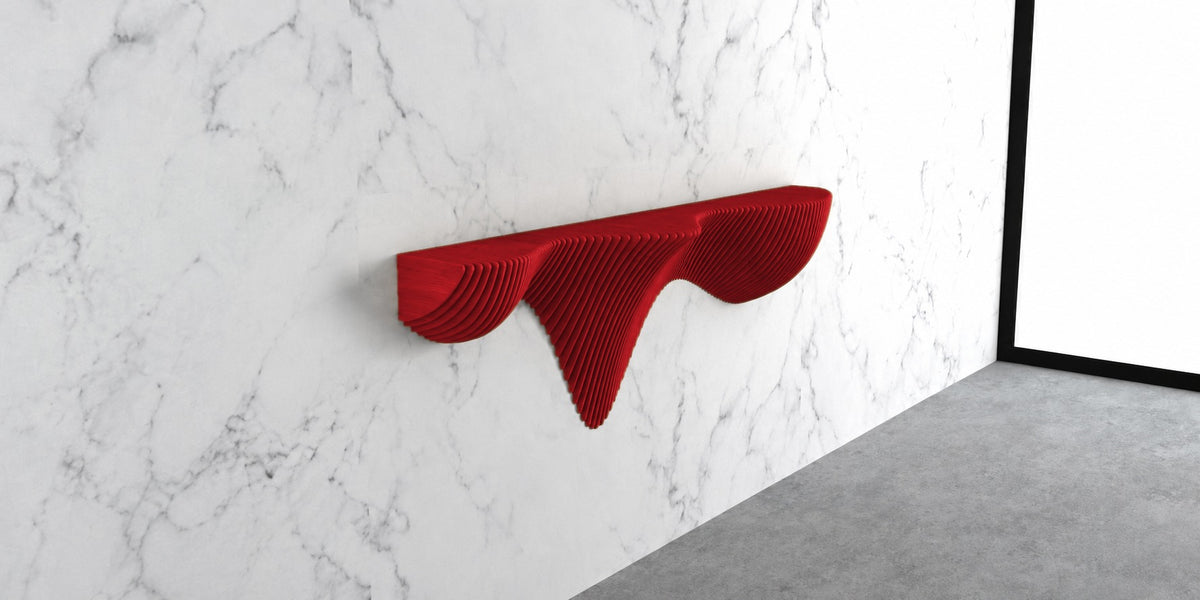 Parametric Wall Shelf in red - sculptural floating wall shelf, CNC-cut in Mississauga for the GTA