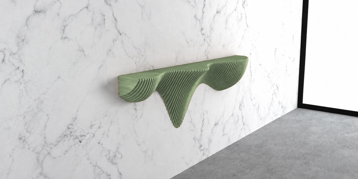 Parametric Wall Shelf in sage green - sculptural floating wall shelf, CNC-cut in Mississauga, delivered across the GTA