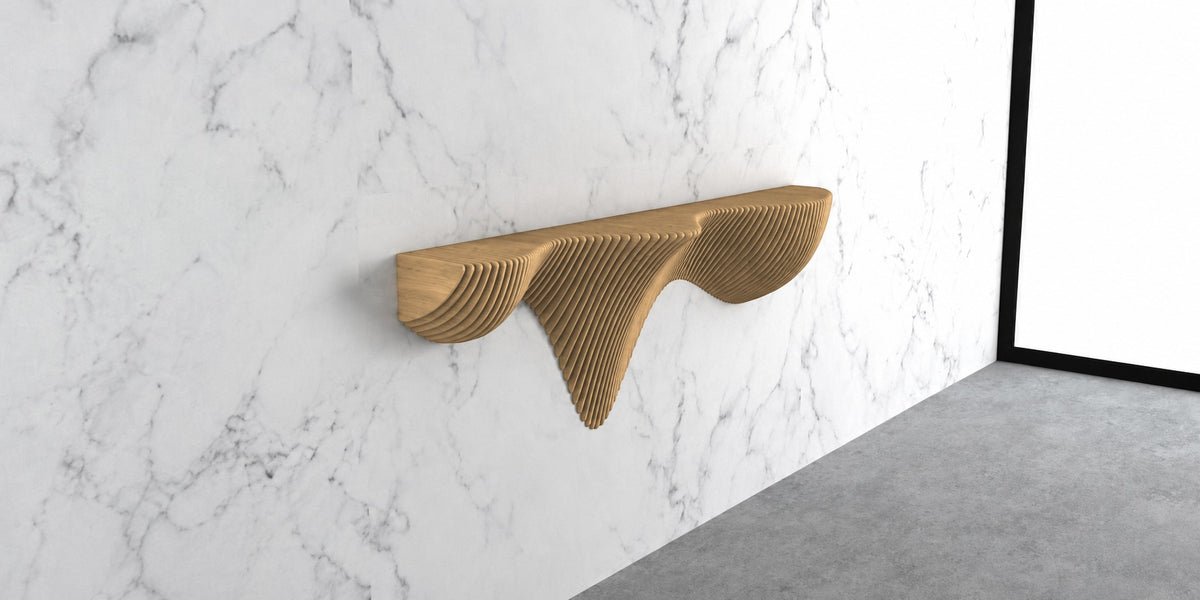 Parametric Wall Shelf in unpainted MDF - sculptural floating wall shelf, made to order in Mississauga