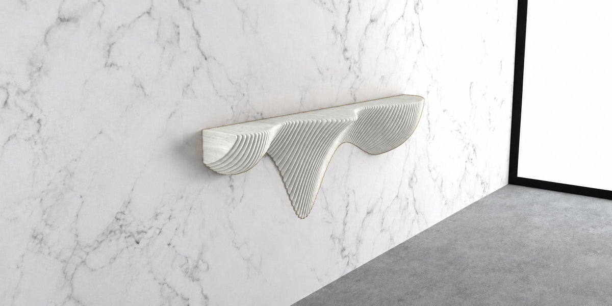 Parametric Wall Shelf in white - sculptural floating wall shelf, CNC-cut in Mississauga for the GTA